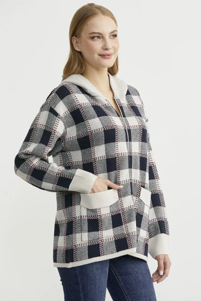 Renkli Ekose Geçişli Yünlü Triko Hırka - Taş - Resim 3