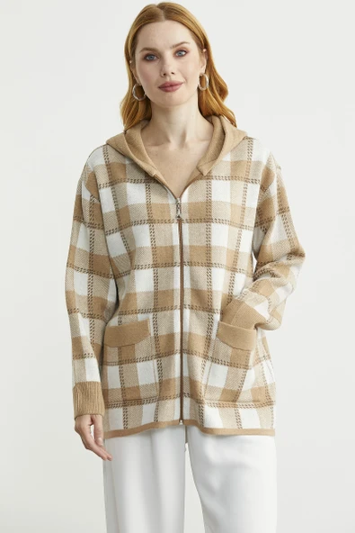 Renkli Ekose Geçişli Yünlü Triko Hırka - Kamel - Resim 2