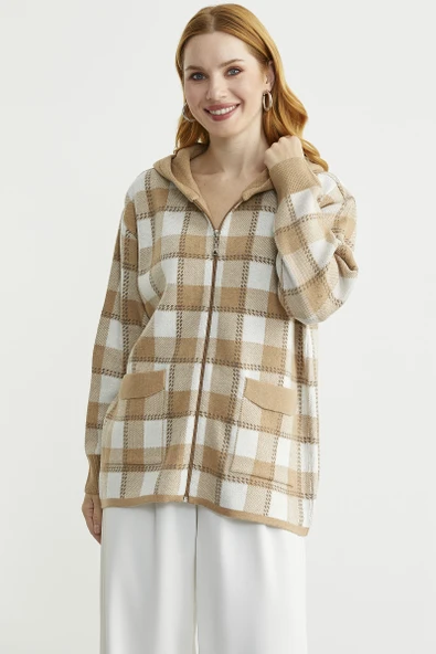 Renkli Ekose Geçişli Yünlü Triko Hırka - Kamel - Resim 5