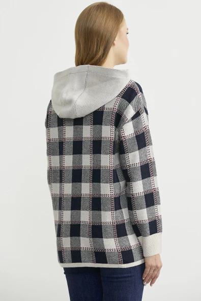 Renkli Ekose Geçişli Yünlü Triko Hırka - Taş - Resim 6