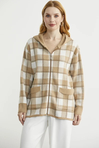 Renkli Ekose Geçişli Yünlü Triko Hırka - Kamel ürün görseli 1