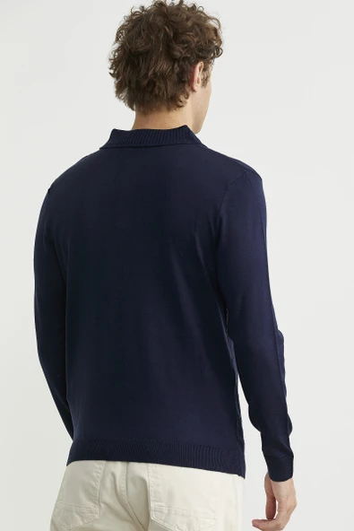 Polo Yaka Ekose Motifli Triko Kazak - Lacivert - Resim 5