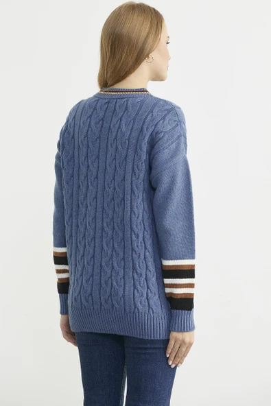 V Yaka Saç Örgülü Triko Kazak - Indigo - Resim 6