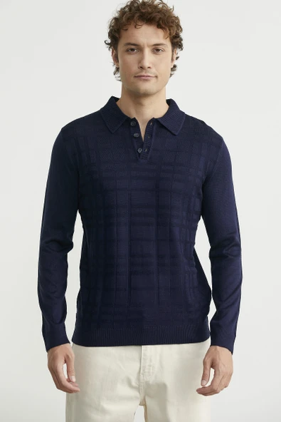 Polo Yaka Ekose Motifli Triko Kazak - Lacivert ürün görseli