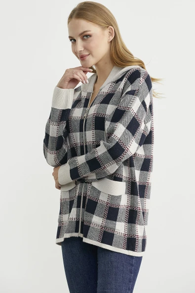 Renkli Ekose Geçişli Yünlü Triko Hırka - Taş - Resim 4