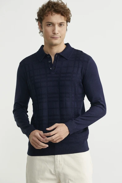 Polo Yaka Ekose Motifli Triko Kazak - Lacivert - Resim 2