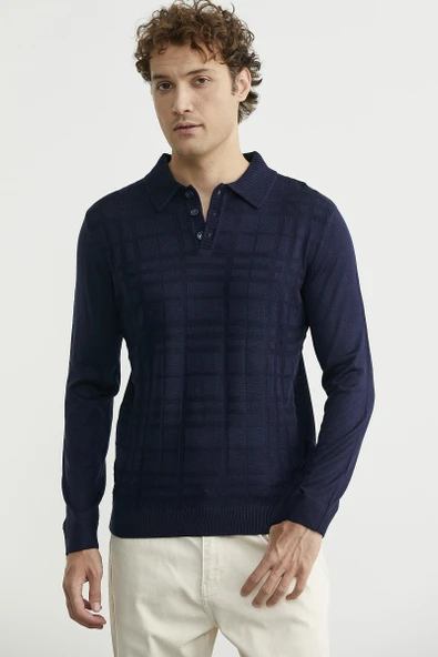 Polo Yaka Ekose Motifli Triko Kazak - Lacivert - Resim 3