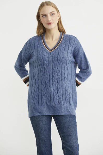 V Yaka Saç Örgülü Triko Kazak - Indigo - Resim 3