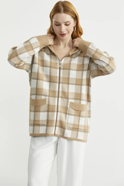 Renkli Ekose Geçişli Yünlü Triko Hırka - Kamel - Resim 4