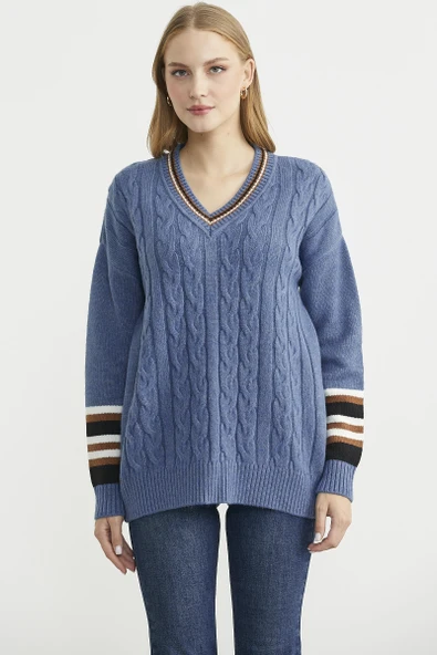 V Yaka Saç Örgülü Triko Kazak - Indigo - Resim 4