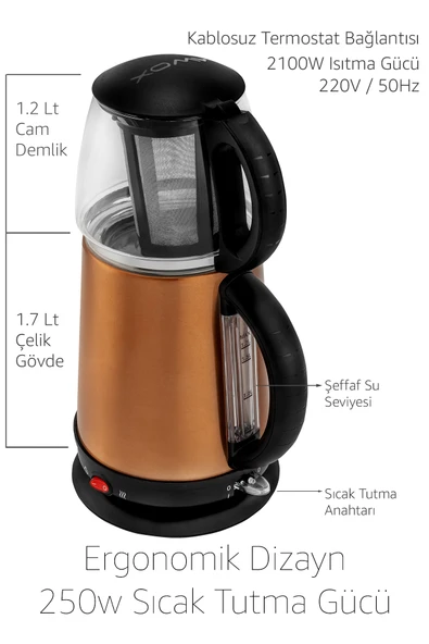 AWOX Demglass Cam Demlikli Elektrikli Çay Makinesi Rose Gold - Resim 3