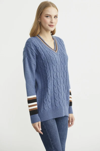 V Yaka Saç Örgülü Triko Kazak - Indigo - Resim 5