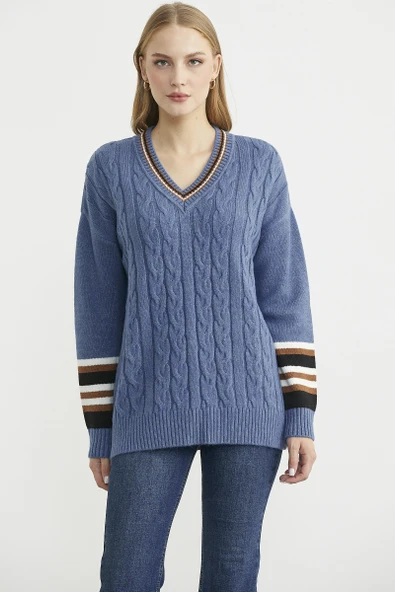 V Yaka Saç Örgülü Triko Kazak - Indigo - Resim 2