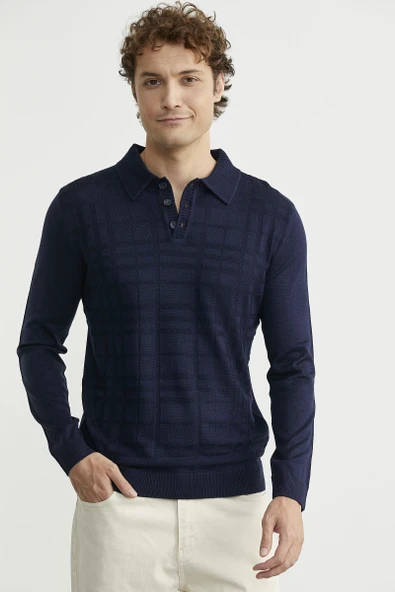 Polo Yaka Ekose Motifli Triko Kazak - Lacivert - Resim 4