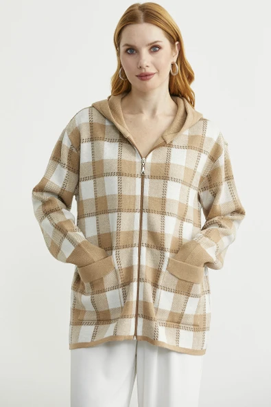 Renkli Ekose Geçişli Yünlü Triko Hırka - Kamel - Resim 3