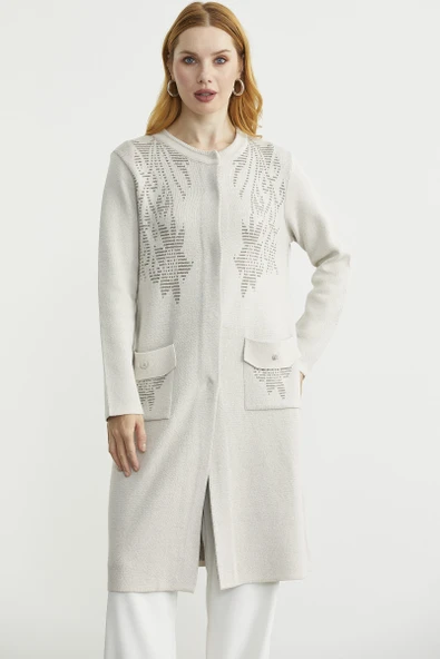 Uzun Cep Detaylı Yünlü Triko Hırka - Taş - Resim 4