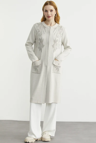 Uzun Cep Detaylı Yünlü Triko Hırka - Taş ürün görseli