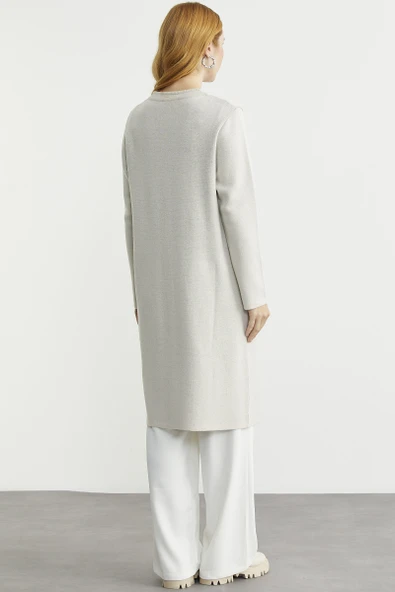 Uzun Cep Detaylı Yünlü Triko Hırka - Taş - Resim 5