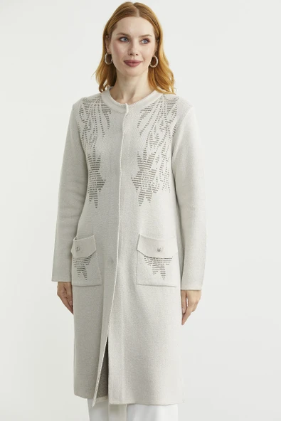 Uzun Cep Detaylı Yünlü Triko Hırka - Taş - Resim 2