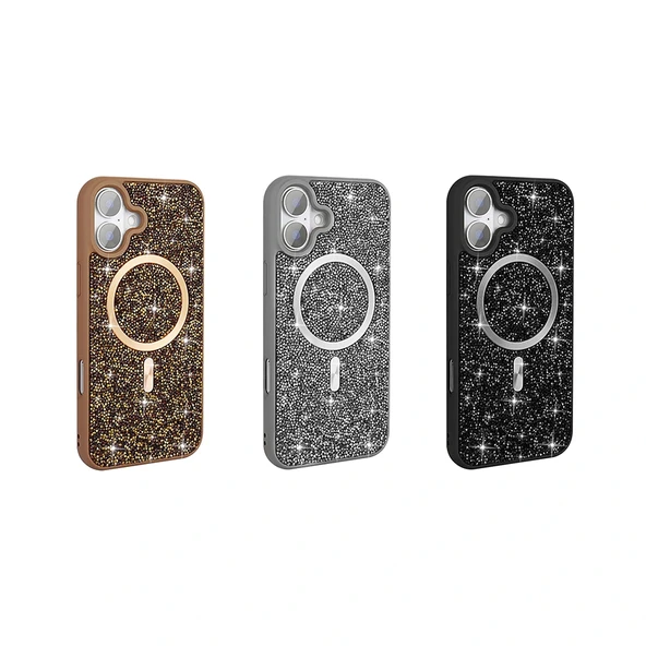 iPhone 16 Kılıf Pırlanta Tasarımlı M-safe Şarj Özellikli Mozaik Silikon Kapak - Resim 8
