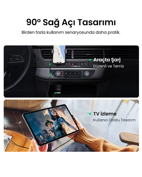 UGREEN USB-C to USB-A 3A QC 90 Derece Hızlı Şarj Kablosu, 1 Metre, Uzay Girişi, 20856 - Resim 6