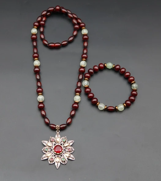 925 Ayar Gümüş Kolye Uçlu Orjinal Damla Kehribar Tasarım Kadın Kolye sk000133 - Resim 2