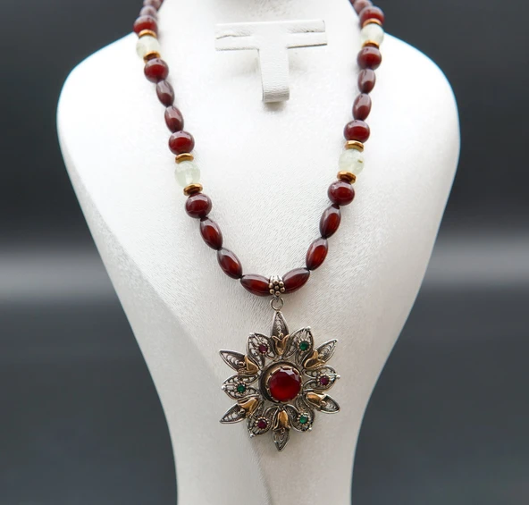 925 Ayar Gümüş Kolye Uçlu Orjinal Damla Kehribar Tasarım Kadın Kolye sk000133 - Resim 4