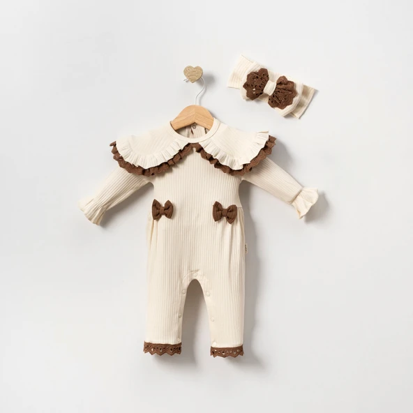 Fisto Yakalı Ekru Bandanalı Kız Bebek Tulum Seti ürün görseli