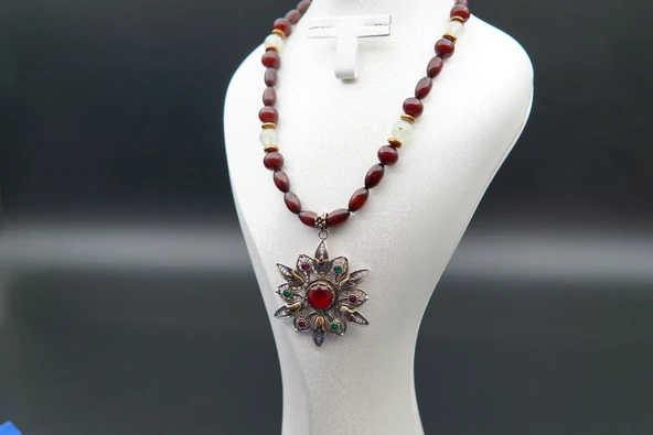 925 Ayar Gümüş Kolye Uçlu Orjinal Damla Kehribar Tasarım Kadın Kolye sk000133 - Resim 3