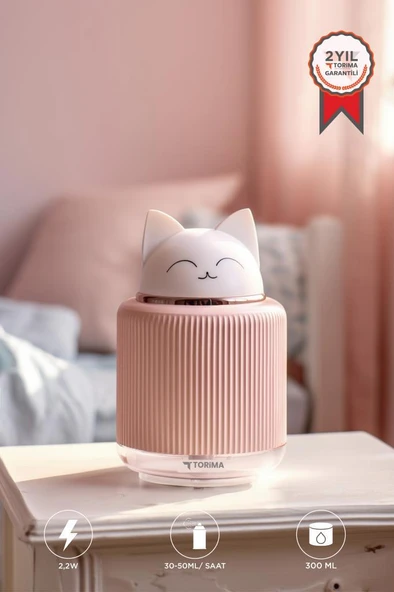 Torima H8 Pembe Sevimli Kedi Figürlü Gece Lambalı 300ml Mini Hava Nemlendirici Buhar Makinesi ürün görseli