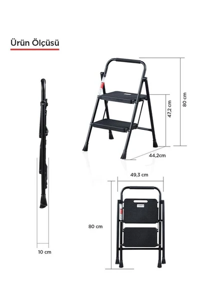 Perilla 51402 Stepla Geniş 2 Basamaklı Katlanır Merdiven Eurotower Siyah - Resim 5