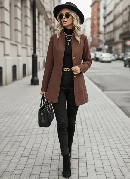 Şık Kahverengi Tasarım Yaka Kaşe Kaban ürün görseli 1