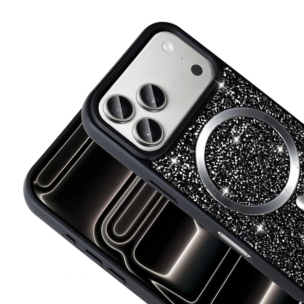 iPhone 17 Pro Kılıf Pırlanta Tasarımlı M-safe Şarj Özellikli Mozaik Silikon Kapak - Resim 7