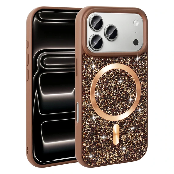 iPhone 17 Pro Kılıf Pırlanta Tasarımlı M-safe Şarj Özellikli Mozaik Silikon Kapak - Resim 2