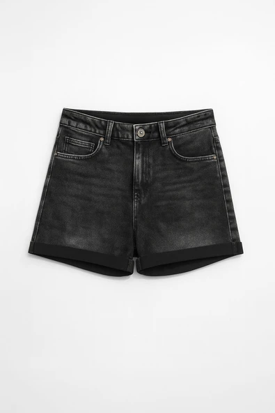 Kadın Yüksek Bel Paçası Katlı Mom Jean Şort - Resim 2