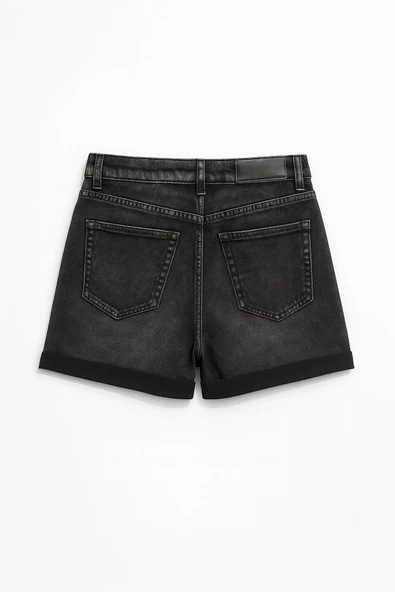 Kadın Yüksek Bel Paçası Katlı Mom Jean Şort - Resim 3