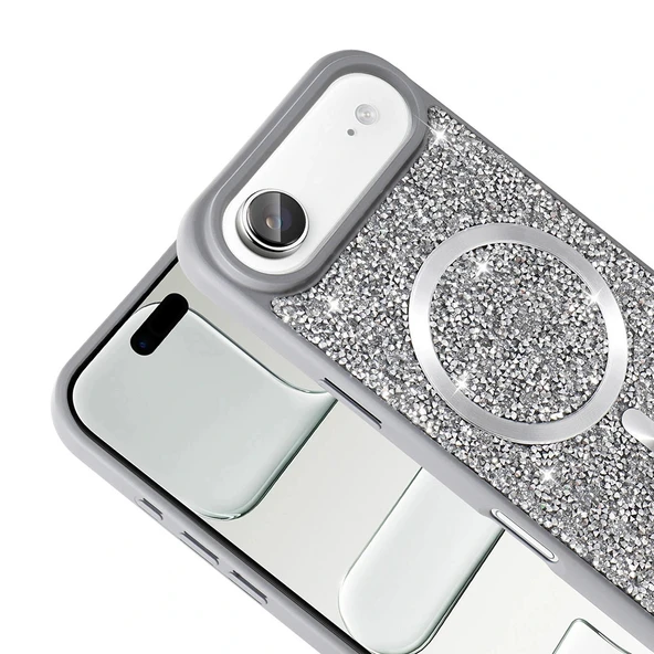 iPhone 17 Air Kılıf Pırlanta Tasarımlı M-safe Şarj Özellikli Mozaik Silikon Kapak - Resim 6