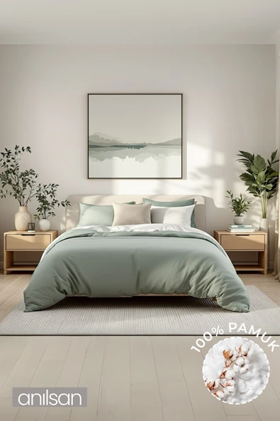 Düz Mint Yeşili King Lastikli Çarşaf Düğmeli Ranforce Nevresim Takım %100 Pamuk 2 Adet Yastık Kılıf ürün görseli 1