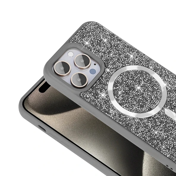 iPhone 14 Pro Max Kılıf Pırlanta Tasarımlı M-safe Şarj Özellikli Mozaik Silikon Kapak - Resim 5