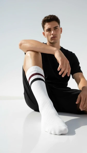Erkek Spor Çorap 2’li Set – Nefes Alan Pamuklu Çizgili Soket Çorap | Günlük ve Spor Kullanım İçin Esnek Rahat Tasarım - Resim 6