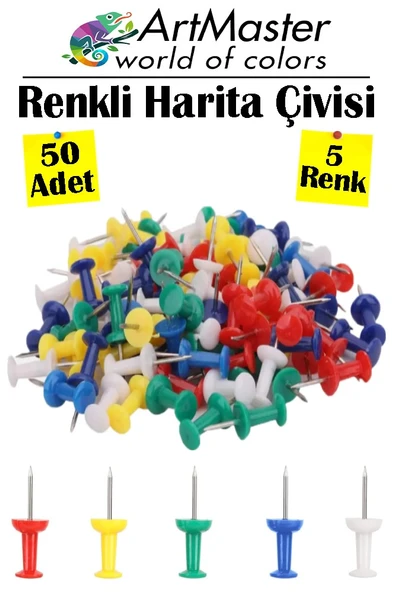 Renkli Harita Çivisi 50 Li 1 Paket Mantar Pano Raptiyesi Renkli Pano İğnesi Okul Büro Renkli Harita Çivisi Ofis ürün görseli