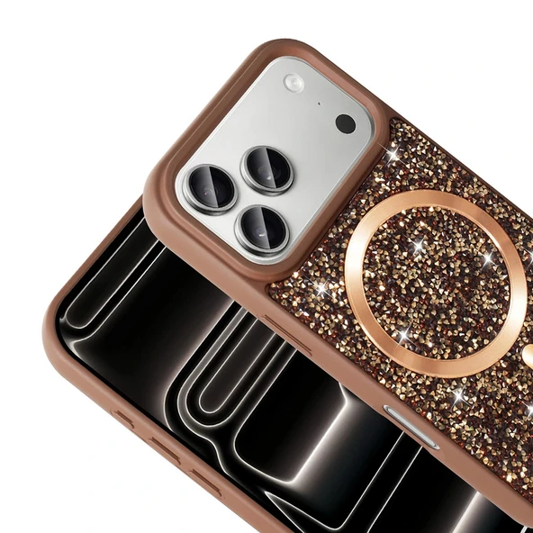 iPhone 17 Pro Max Kılıf Pırlanta Tasarımlı M-safe Şarj Özellikli Mozaik Silikon Kapak - Resim 5