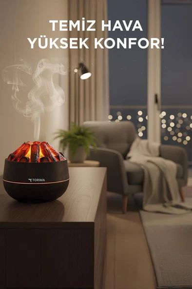 TORIMA H11 Koyu Kahve Odun Ateşi Efekli 300ml Sessiz Ultrasonik  Hava Nemlendirici - Resim 2