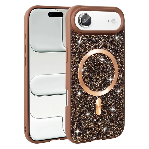 iPhone 17 Air Kılıf Pırlanta Tasarımlı M-safe Şarj Özellikli Mozaik Silikon Kapak - Resim 2