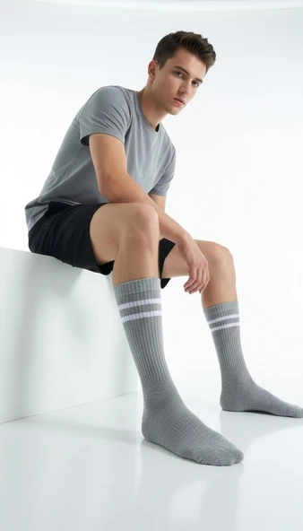 Erkek Spor Çorap 2’li Set – Pamuklu, Nefes Alan, Esnek Çizgili Model - Resim 6