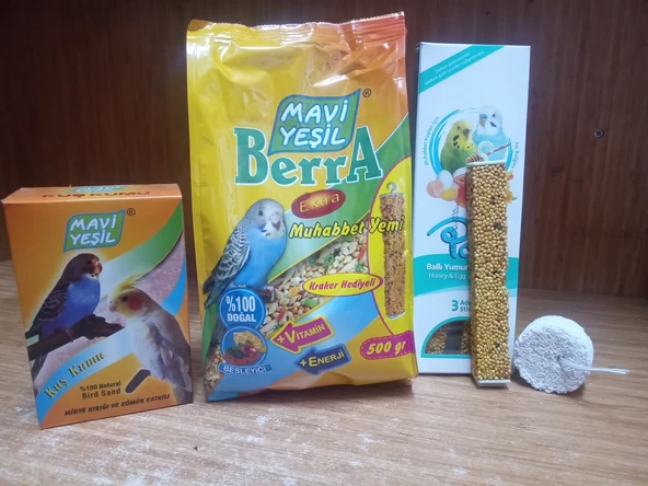 MAVİ YEŞİL MUHABBET YEMİ KRAKER HEDİYELİ 500 GRAM+MAVİ YEŞİL KUŞ KUMU 150 GRAM+1 PAKET ( 3 ADET BALLI YUMURTALI MUHABBET KUŞU KRAKER)+GAGA TAŞI ürün görseli 1