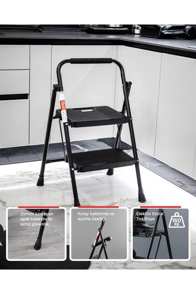 Perilla 51402 Stepla Geniş 2 Basamaklı Katlanır Merdiven Eurotower Siyah - Resim 3