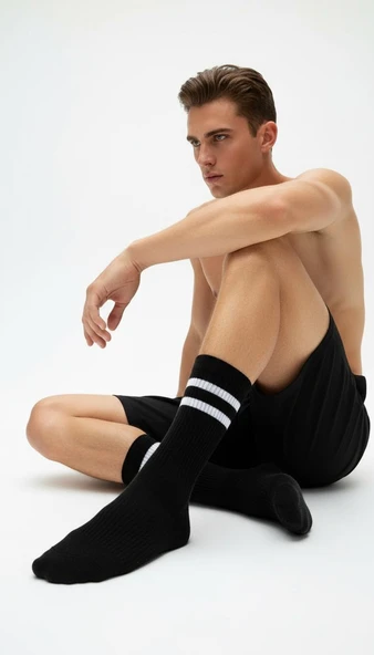 Erkek Spor Çorap 2’li Set – Nefes Alan Pamuklu Çizgili Soket Çorap | Günlük ve Spor Kullanım İçin Esnek Rahat Tasarım - Resim 4