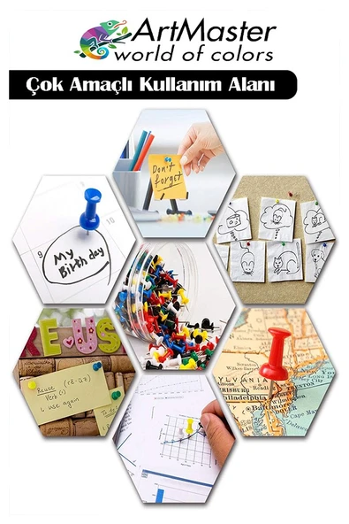 Renkli Harita Çivisi 150 Li 1 Paket Mantar Pano Raptiyesi Renkli Pano İğnesi Okul Büro Renkli Harita Çivisi Ofis - Resim 3