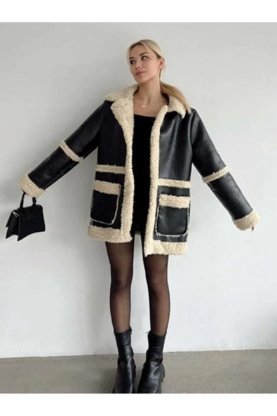 MODA Besi Kadın Siyah Peluş Kürk Detaylı Kaliteli Mont ürün görseli